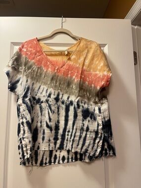 Short Sleeve Tie-Dye Look Linen Snap Side Top